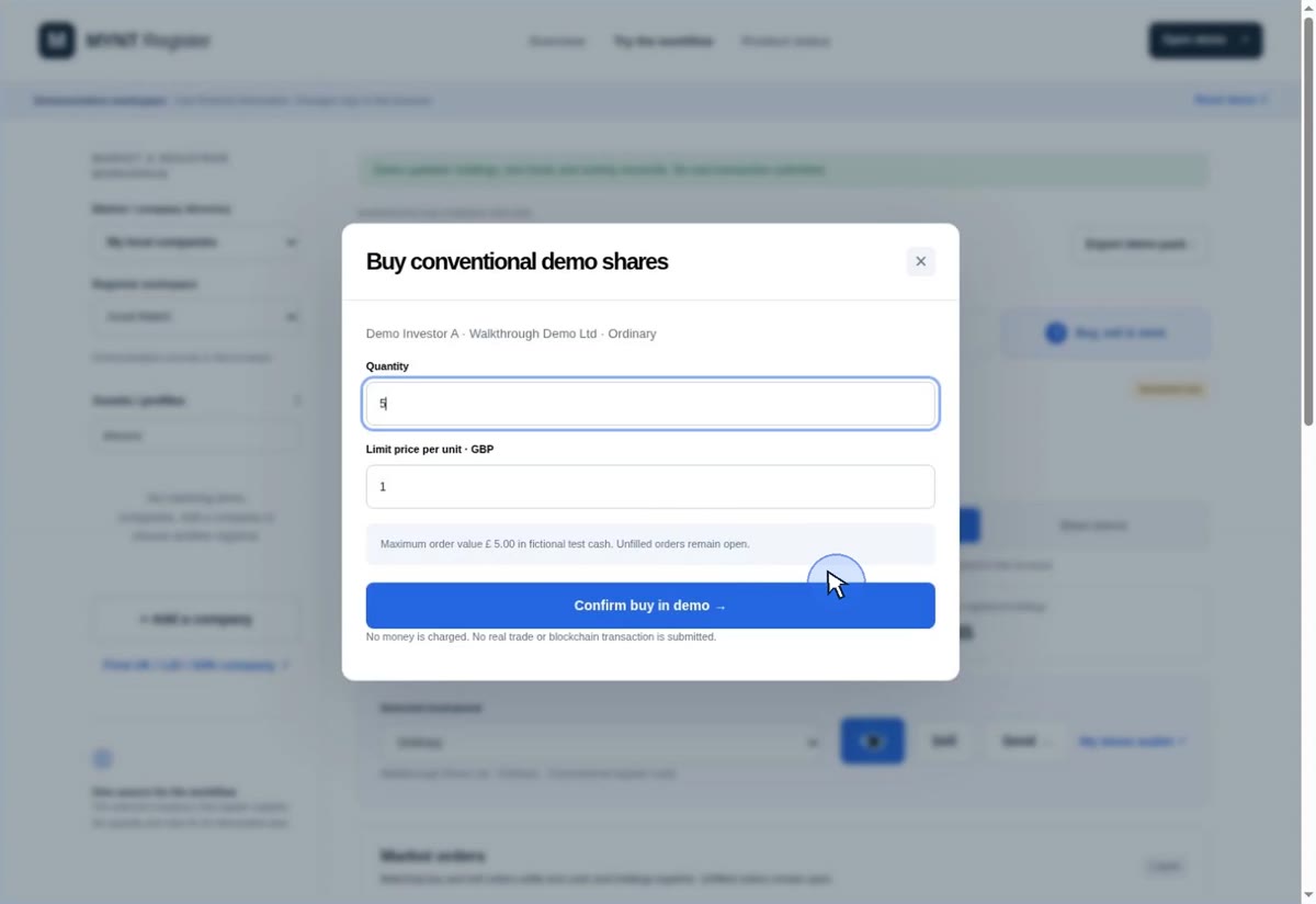 MYNT Register simulated trading interface